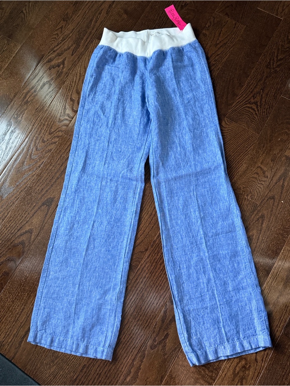 Lilly Pulitzer Blue Wide-Leg Linen Pants with White Waistband
